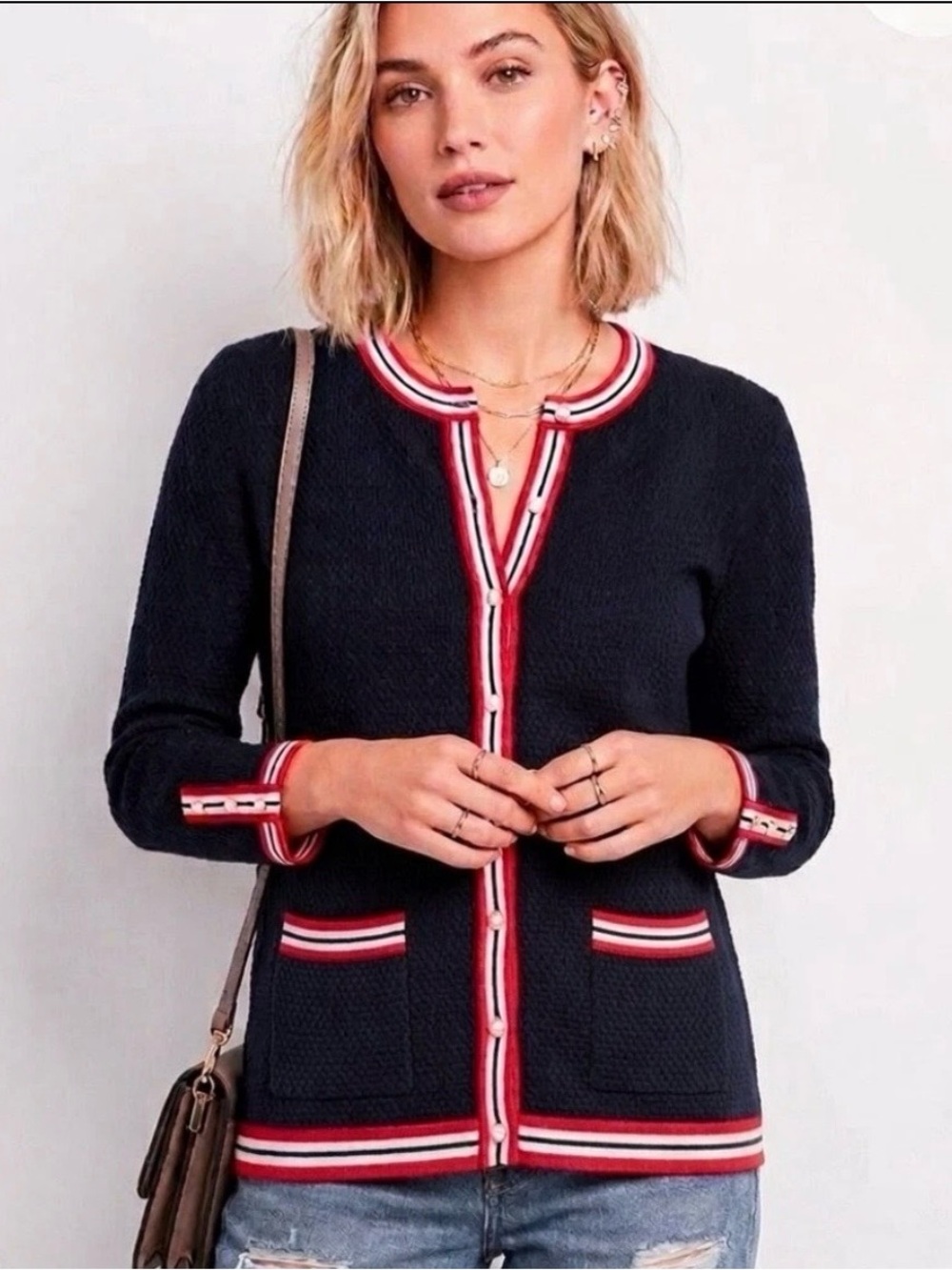Talbots Striped Trim Cardigan in Navy & Red Size Medium